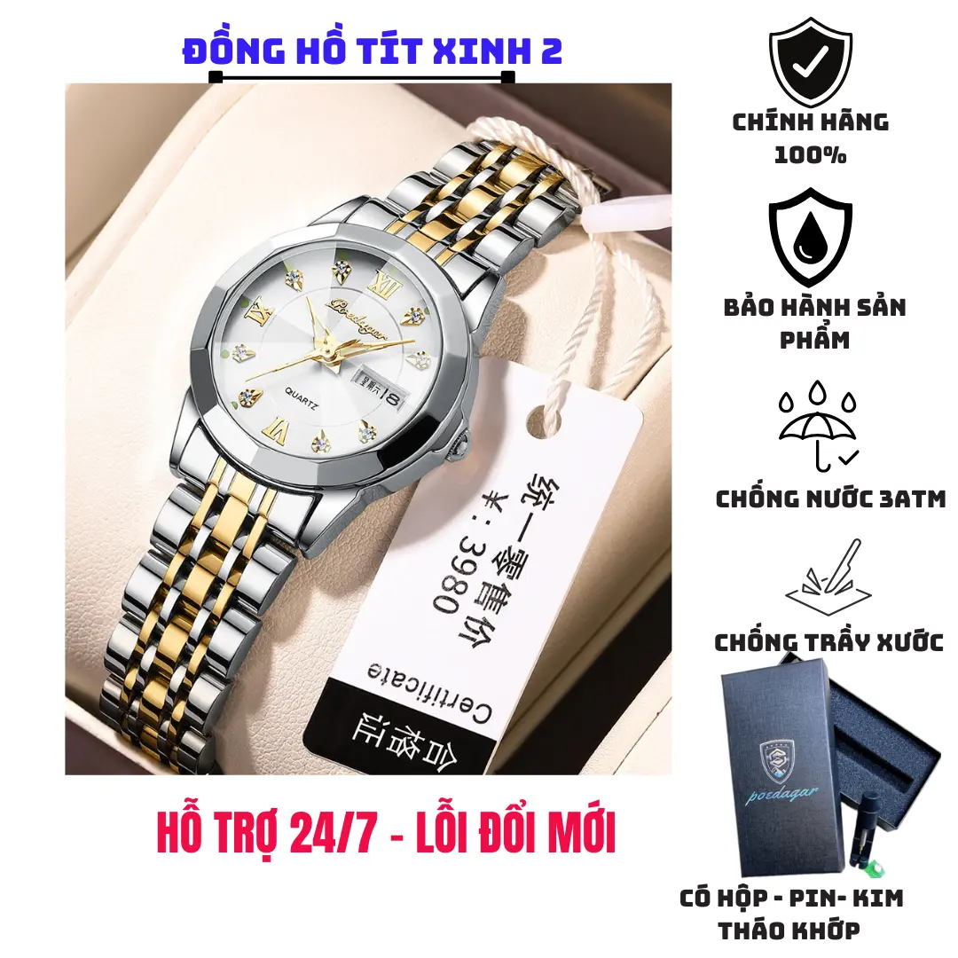 Đồng hồ nữ đẹp chính hãng Poedagar thời trang cao cấp, mặt vát cắt kim cương bóng sáng lấp lánh, chống nước, chống xước