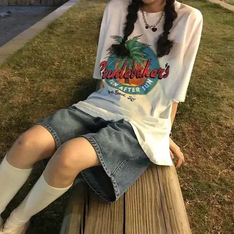 Y2K Summer Women Vintage Streetwear Denim Shorts Cargo Short Pants Harajuku Clothes High Waist Knee Length Wide Leg Baggy Jeans Bottom Lady Trouser Casual Loose Oversize Lingerie Womenswear Comfort