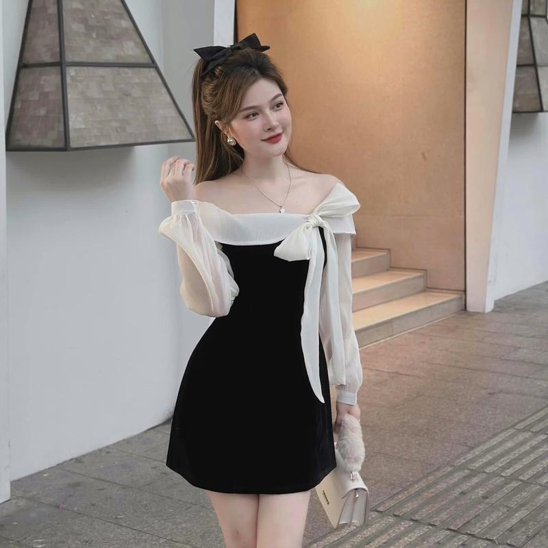 Váy nhung trễ vai buộc nơ phối tay bồng tiểu thư nữ DILYSHOP_ V107