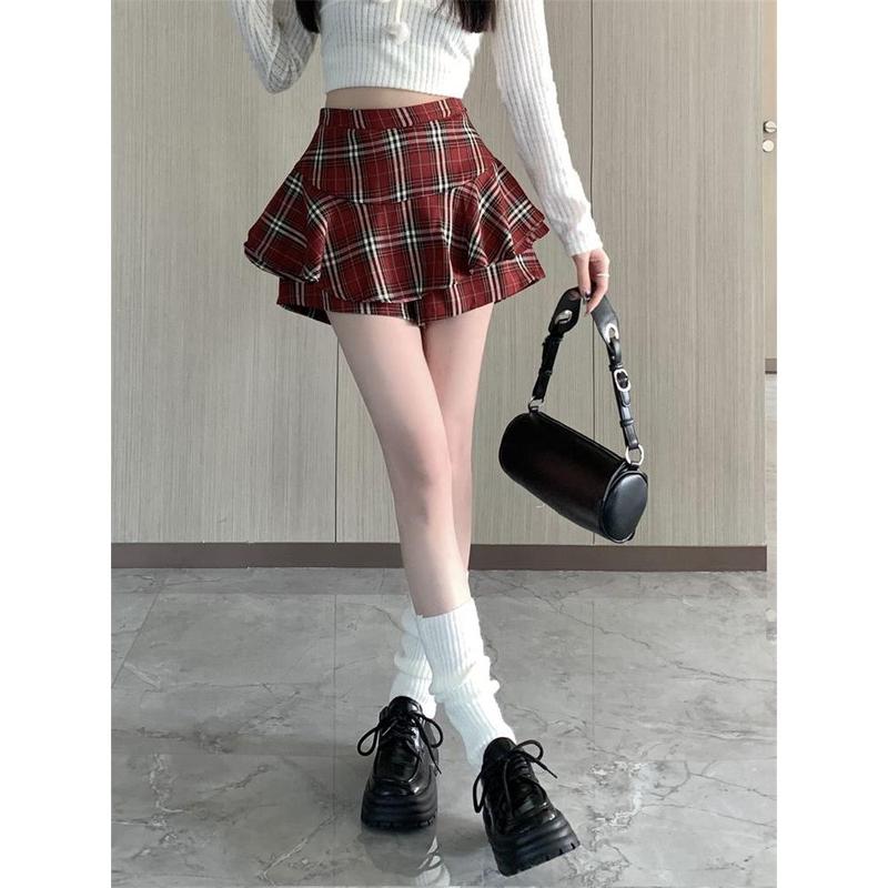 Chân Váy Họa Tiết Đỏ, Hình Quả Lê Kiểu Mỹ Dễ Thương Và Gợi Cảm, Dành Cho Mùa Hè Của Phụ Nữ, Cạp Cao, Mỏng Vừa Vặn, Chân Váy Xếp Ly Dễ Phối Đồ Culottes 4