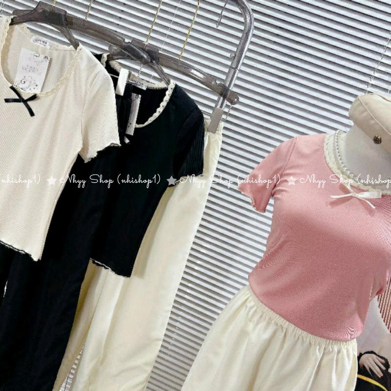 Bigsize 60-90kg Set bộ áo thun gân tăm form ngắn đính nơ phối ren+ quần đũi suông ống rộng phối ren cho nữ, Bộ đồ áo ôm thun tăm gân cổ tròn + quần dài ống rộng phối ren lưng thun- Nhyy Shop 7