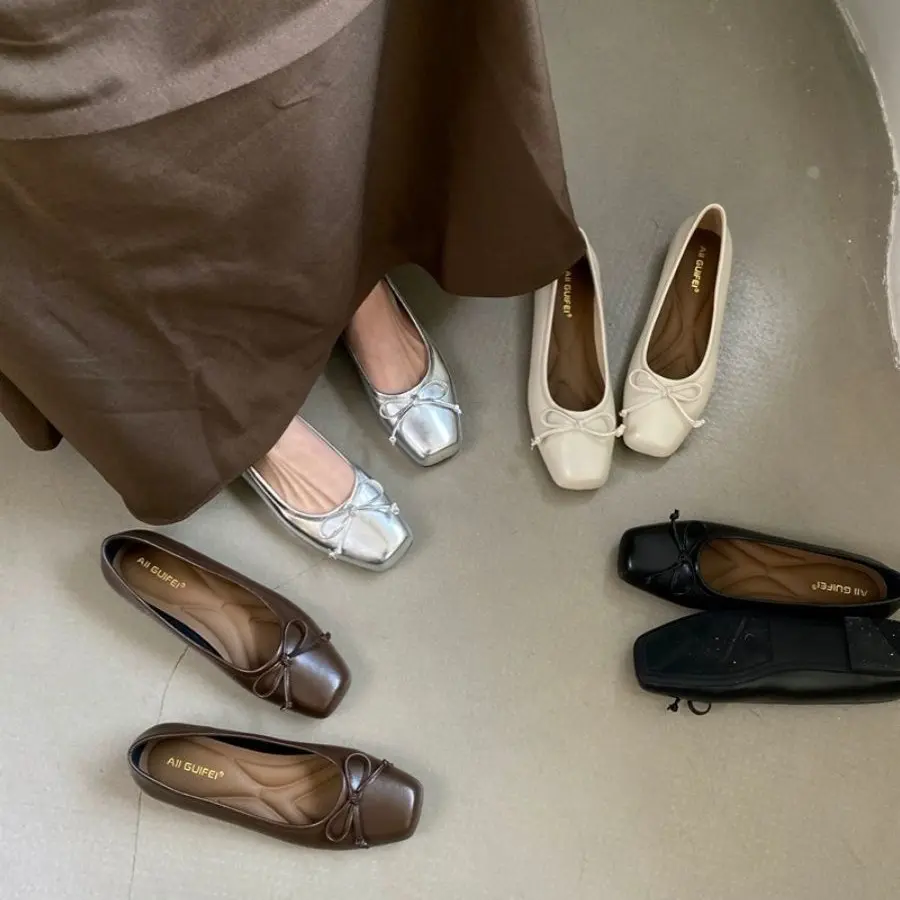 (SALE) Giày búp bê đế bệt mũi vuông đính nơ lót êm da dày dặn hàng QC cao cấp TN20