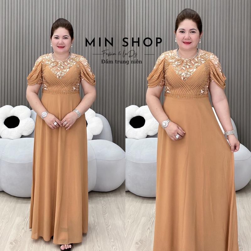 Đầm dạ hội trung niên cao cấp Min Shop, thiết kế cổ tròn, tay ngắn rớt vai, chất vải tằm ý - Nữ, Women Dress Voan Voi Cotton