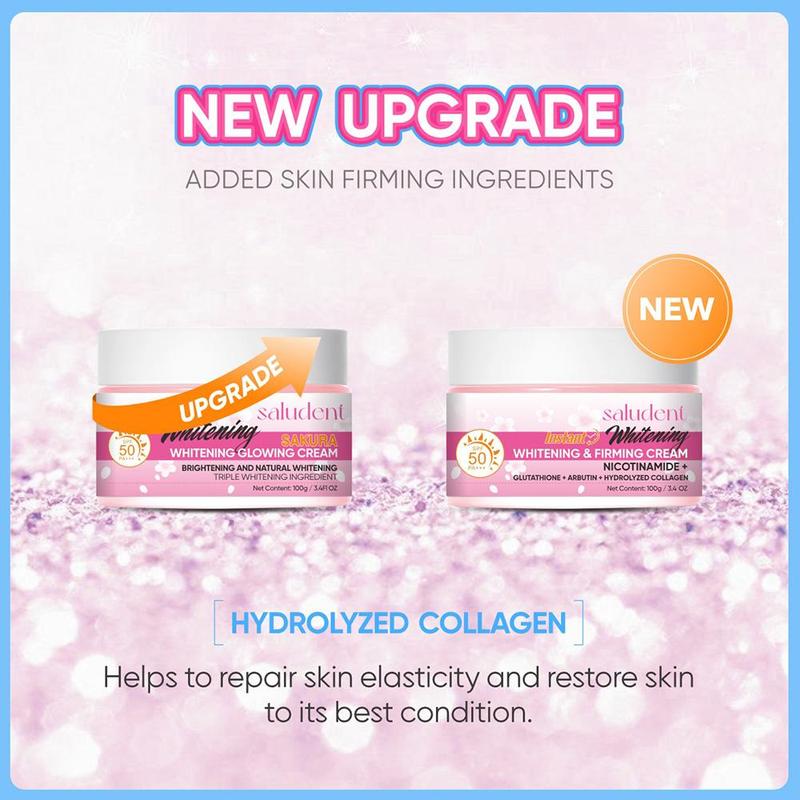 Product Introduction of Saludent 100g Whitening&Firming Facial Cream + 50g Glowing &Rejuvenating Night repair Cream Sakura Retinol Niacinamide Ceramide Nicotinamide Glutathione Arbutin Glowing Sakura Cream SPF50 PA+++ for Face Body 32