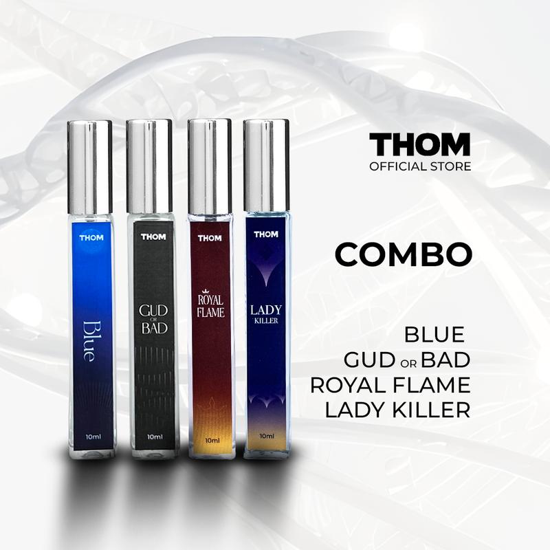 [MUA 1 ĐƯỢC 4] Combo 4 chai nước hoa perfume Nam - LADE KILLER (10ml) + GUD OR BAD (10ml) + BLUE (10ml) + ROYAL FLAME Flame(10ml) Sang trọng tinh tế kèm Box Quà tặng - THOM VN Hàng chính hãng 0