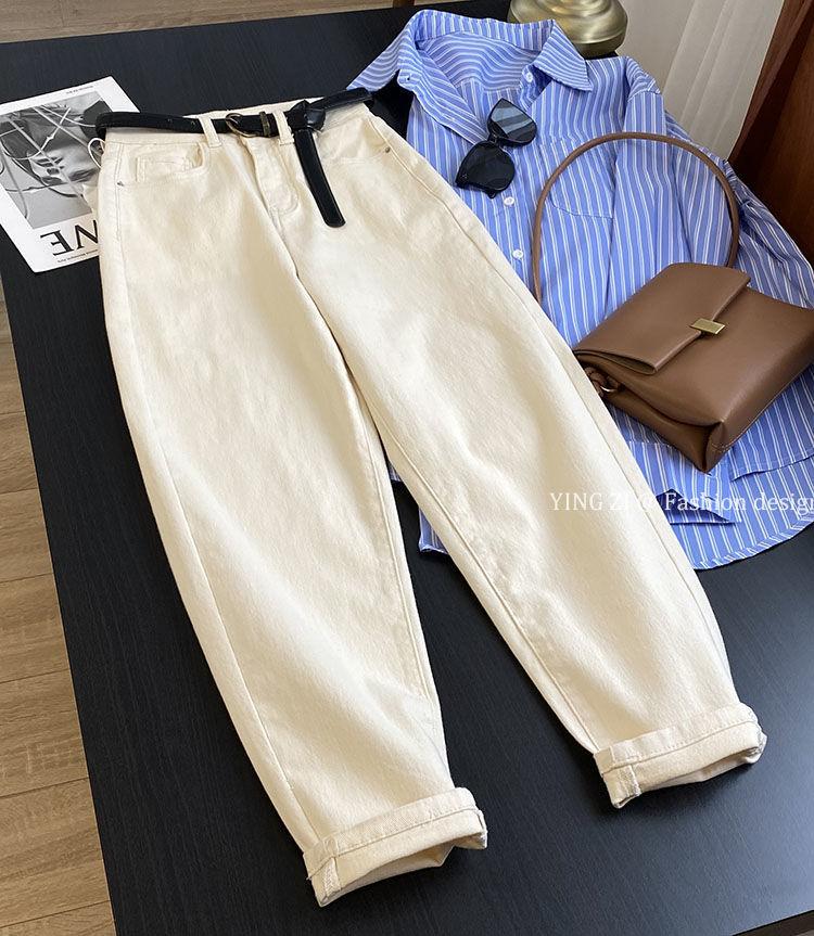 Product Introduction of Quần Jean Harem, Màu Trắng Kem, Dành Cho Nữ, Dáng Suông Rộng Vừa Vặn, Cạp Cao, Bó Sát, Màu Mơ, Phong Cách Daddy, Quần Ống Côn, Hàng Mới Về Mùa Thu 2024， Women， Pants 3