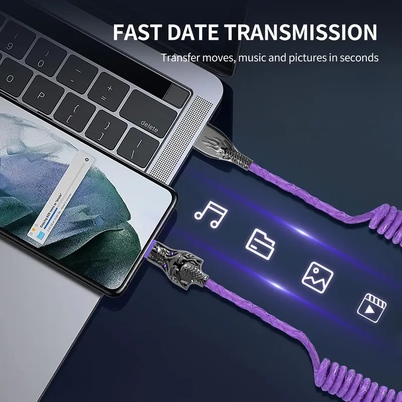 5A 100W LED Light Up Dragon Design USB-C Car Data Cable, Anti-spring Bending Design USB-C Cable, Durable Cable for Samsung Xiaomi OPPO Vivo 5