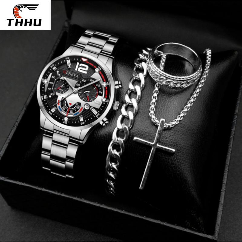 Product Introduction of Men'S Steel Strap Calendar Quartz Watch, Bracelet And Necklace Ring, 4 Pieces, Circular Dial, Sports Luminous Pointer Quartz Watch, Men'S Watch, No Box, Simple Design, Comes With A Watch Adjuster As A Gift 17