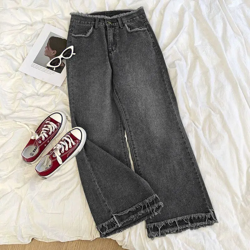 Seluar Jeans Kaki Lurus, untuk Wanita, Hitam dan Kelabu, Longgar, Pinggang Tinggi, Seluar Pelangsingan, Sesuai untuk Angka Kecil, Seluar Kaki Lebar, Musim Bunga dan Musim Luruh 2023 Ketibaan Baru