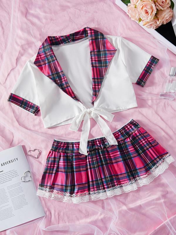 Women's Contrast Binding Tie Front Crop Top & Plaid Print Contrast Lace Skirt Set, Short Sleeve Crop Top & Elastic Waist Short Skirt Set, Valentine's Day Gift, Women's Two-Piece Set For Summer 4