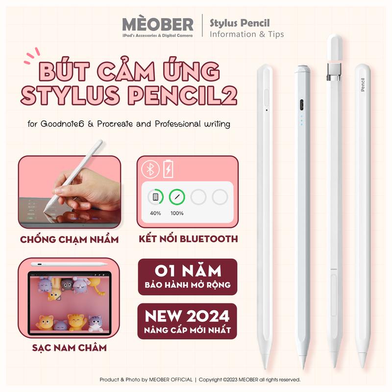 Bút cảm ứng Stylus Pencil Gen 2 by Meober - Chống chạm nhầm, vẽ nét thanh đậm, ghi chú dành cho I Pad Pro 11, 12.9, Air4 5 , Gen7 8 9, mini 5 6, Android, Laptop v.v