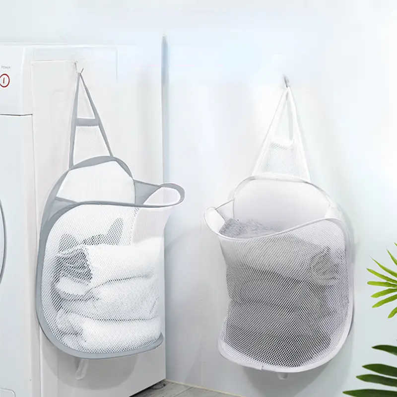 Folding Laundry Basket Organizer for Dirty Clothes Bathroom Clothes Mesh Storage Bag Household Wall Hanging Basket Frame Bucket