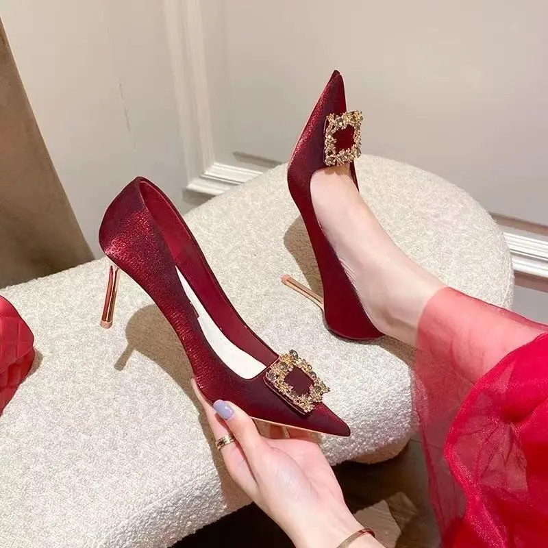 Stiletto Niche French Style Single Shoes Bride Shoes Wedding Shoes Xiuhe Wedding Dress Wine Red Pointed Toe New Stiletto High Heels for Women