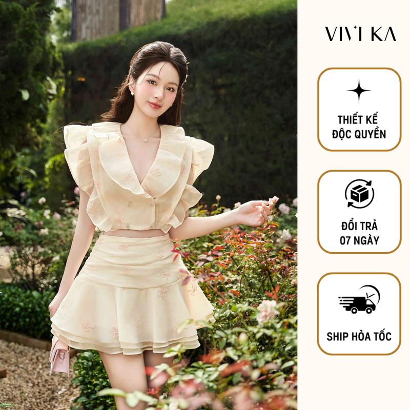 VIVIKA - Áo cánh tiên cổ V dáng lửng, Chân váy xoè gấp nếp - VKAO00523 VKCV00336 Nữ Women Top Kem