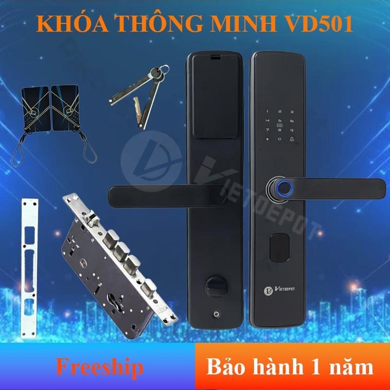 Khóa cửa vân tay thông minh Viet Depot VD501. Mở khóa bằng  Vân tay, Thẻ từ, Mật khẩu, Khóa cơ, dùng cho Cửa Gỗ, Nhựa, Sắt, Cửa chung cư, Cửa chống cháy, Cửa căn hộ cho thuê-KHÔNG dùng cho cửa nhôm