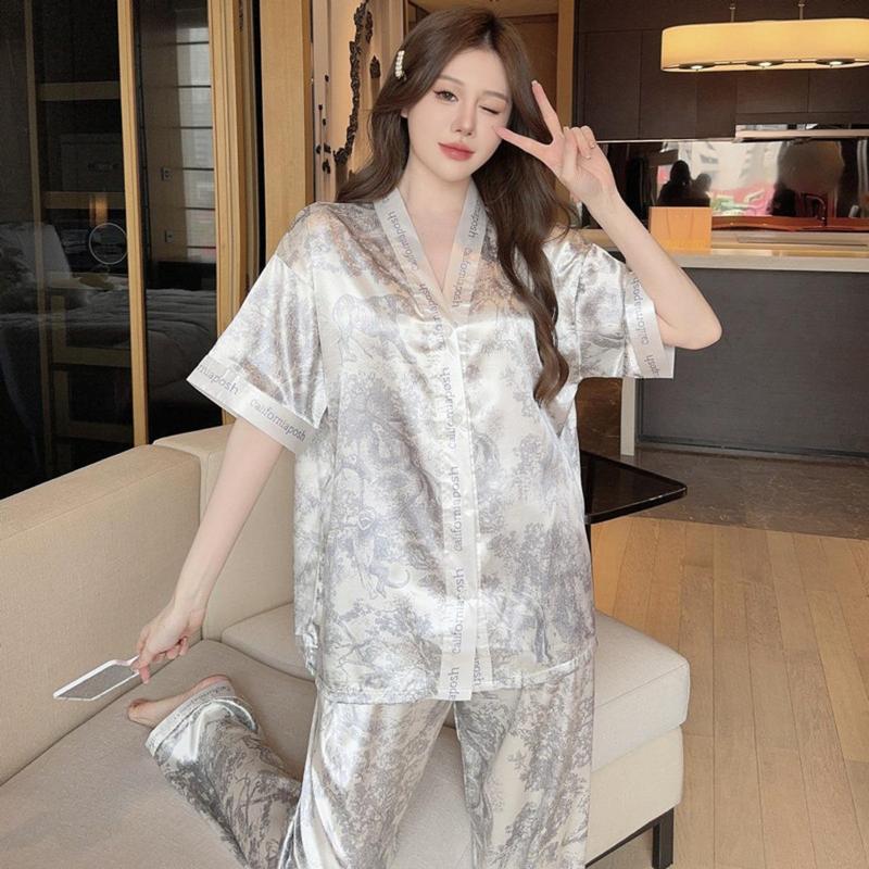 Bộ Đồ Ngủ Pijama Cao Cấp, Phong Cách Pháp, Quần Dài Ngắn Tay, Chất Liệu Lụa Lạnh Dành Cho Nữ, Thích Hợp Mặc Nhà, [Thanh Toán Khi Nhận Hàng] 2
