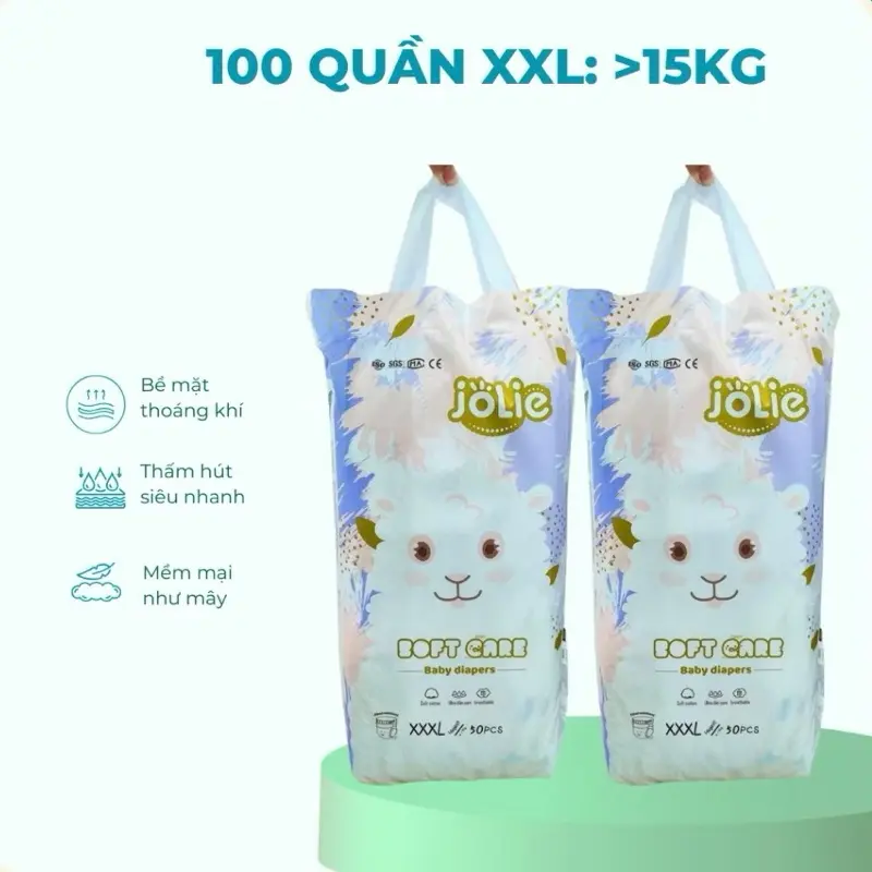 (Miễn ship) Combo 100 miếng bỉm quần/tã dán JOLIE loại 1, đủ size M/L/XL/2XL/3XL/4XL cho bé cotton mát lạnh tã dán và tã quần 8