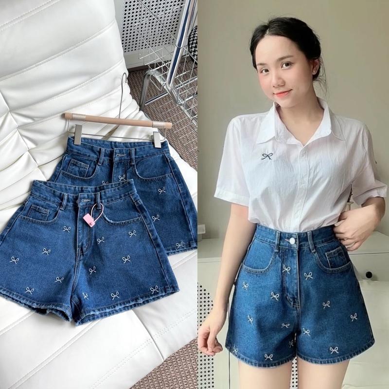 Quần short jean thêu nơ lưng cao