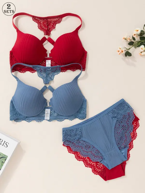 Women's Solid Color Lace Bra & Panty Two-Piece Set, Adjustable Strap Push Up Bra & High Waist Panty, Lingerie Set for Women 0
