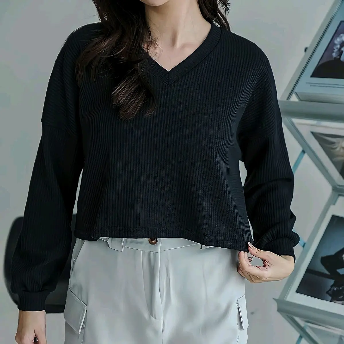 Blouse Crop V Neck Lengan Panjang Wanita Baju Polos V-Neck Formal