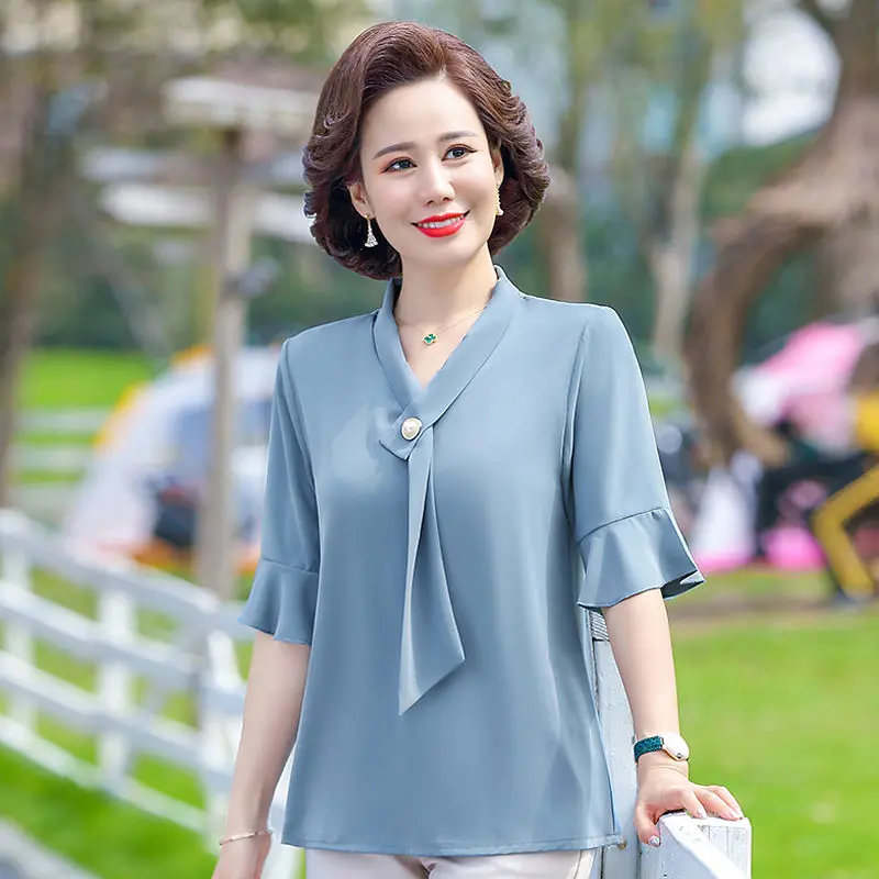Áo Sơ Mi Voan, Ngắn Tay, Phong Cách Cao Cấp Phương Tây, Áo Mùa Hè 2024 Mới Của Mẹ, Thích Hợp Cho Phụ Nữ Trung Người Già Và Cao Tuổi, Áo Phông Ngắn Tay, Che Bụng, Dáng Ôm