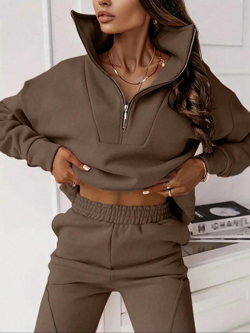 Product Introduction of [2024]Two-piece Set Women's Solid Zip Up Sweatshirt & Pants, Casual Long Sleeve Stand  Collar Sweatshirt & Trousers for Fall & Winter, Women's Clothes for Daily Wear 1