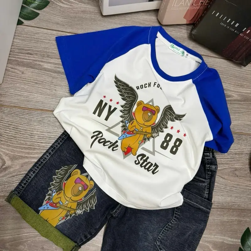 Set jean bé trai in hình đại bàng cực ngầu, quần jean con giãn, áo thun cotton 4c mềm mịn, size 35-55kg 1