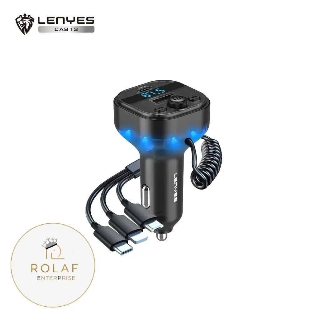LENYES Bluetooth FM Transmitter 5.3 Car Charger Dual Port with 3IN1 Cable + Microphone CA813