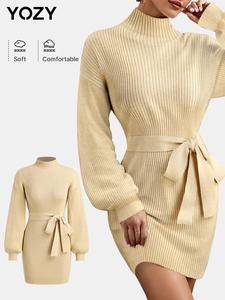 YOZY Women's Solid Belted Mock Neck Sweater Dress, Casual Bishop Sleeve Bodycon Dress for Fall & Winter, Women's Knitwear for Daily Wear