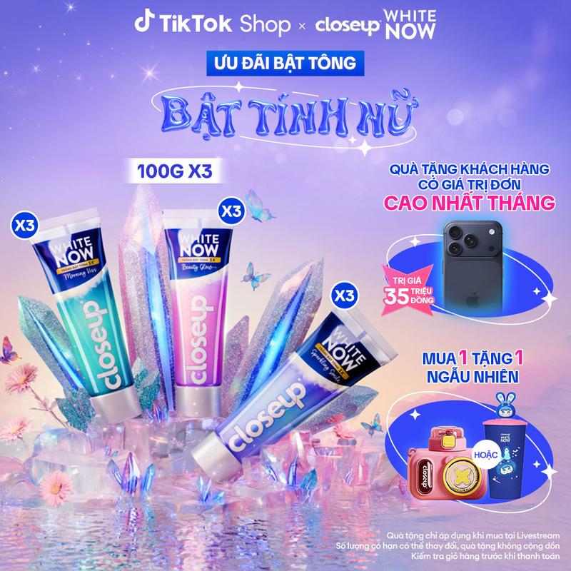 [KOL Live 4] [Bộ Sưu Tập Tính Nữ] Combo 3 Kem đánh răng Closeup White Now - Trắng Bật Tông 3X TỨC THÌ với Công nghệ Ánh Sáng Xanh 100g [4]