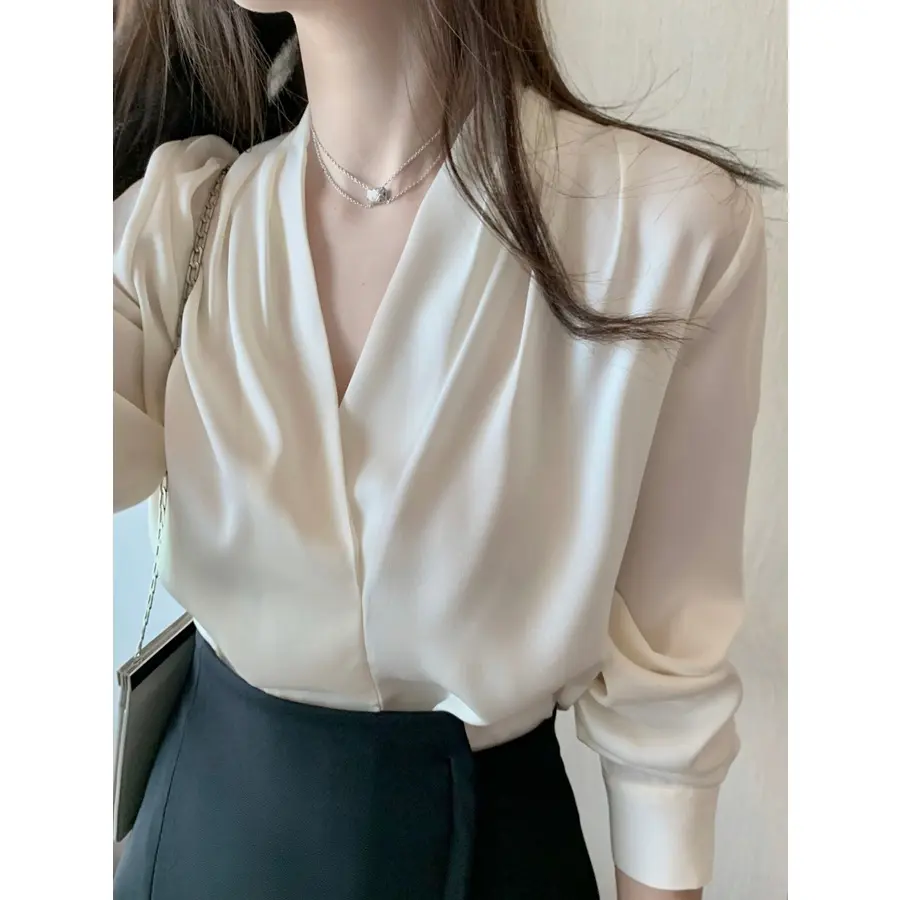 Áo Sơ Mi Trắng Phong Cách Hàn Quốc, Cổ Chữ V, Dài Tay, Thiết Kế Thường Ngày Cho Nữ, Xếp Ly, Phong Cách Pháp, Áo Cổ Điển Độc Đáo Áo Dài Tay Satin Chuyên Nghiệp, 2 Màu Có Sẵn Top Women Shirt