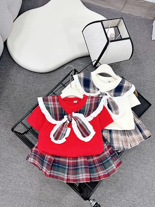 Bộ Áo + Chân Váy 13-26 kg  chân váy kẻ cổ bèo  cho bé gái 0