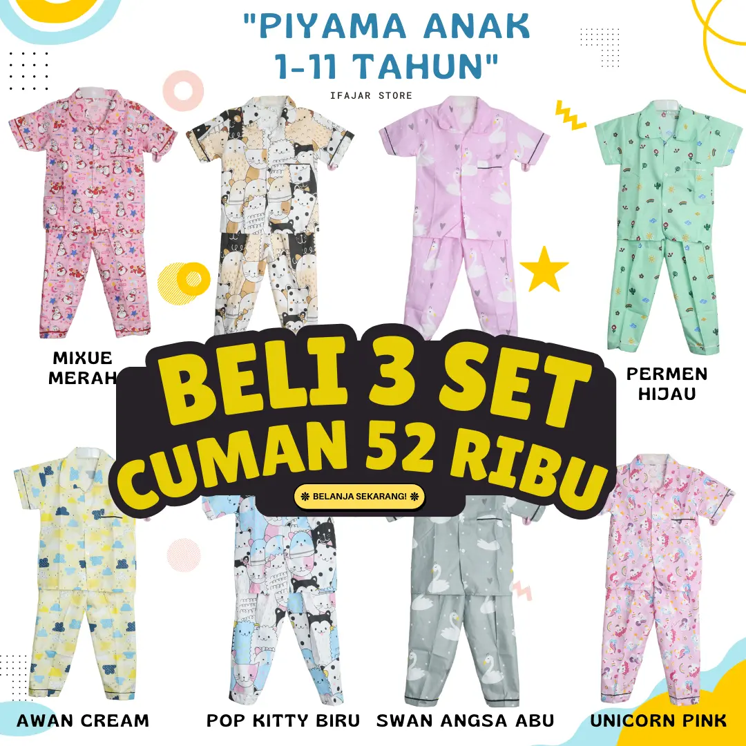 PROMO 3 SET Baju Tidur Piyama Anak Katun Polymicro (Usia 1-11 TH)
