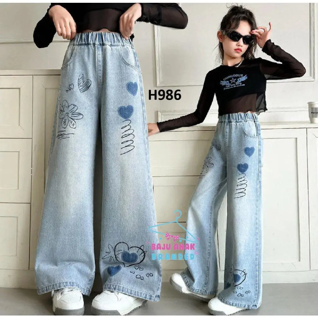H986 Celana Kulot Jeans Love Bunga Anak Perempuan Import Tanggung