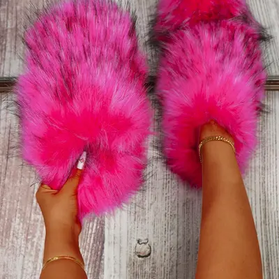 Hot Pink Fluffy Fluffy Slippers Sliders Pink Fur Shoes Slides Pink