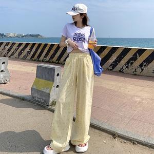 Korean Plus Size Women's Loose Casual Comfortable Wide Leg Straight Leg Pants for Women Summer High Waisted Checkered Pants Womenswear Bottom Lingerie Blue
