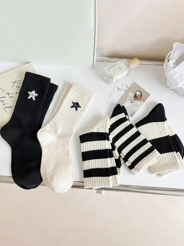 Women's 5 Pairs Colorblock Stripped & Star Print Crew Socks, Casual Moisture Wicking Socks, Soft Comfy Breathable Socks for All Seasons Daily Wear, Socks for Women, Crew Socks Women, Matching Set 8