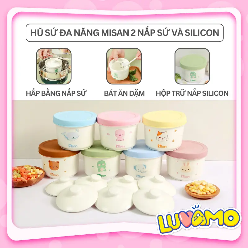 Bát ăn dặm cho bé chia vạch 250ml kèm 2 nắp đậy sứ và silicon chịu nhiệt, hũ sứ ăn dặm Hàn Quốc MISAN Luvamo Kem Voi 0