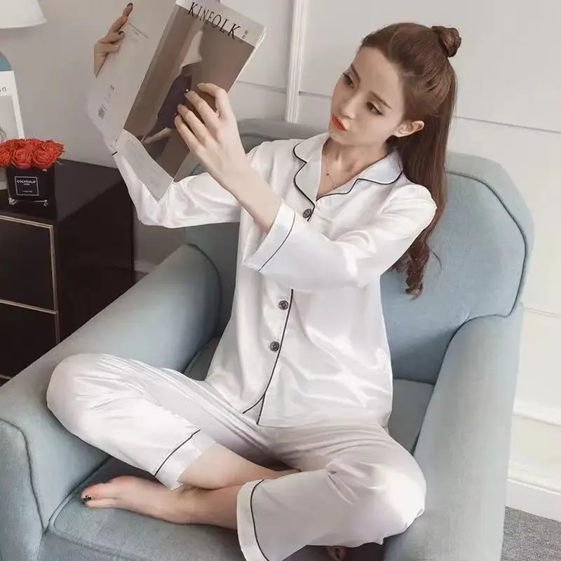Đồ Ngủ Cho Nữ, Phong Cách Hàn Quốc, Bộ Đồ Hai Mảnh, Dài Tay, Chất Liệu Lụa Lạnh Thích Hợp Cho Mùa Xuân Và Mùa Thu, Có Thể Mặc Ngoài Trời, Gợi Cảm, Ngoại Cỡ, Đồ Mặc Nhà 5