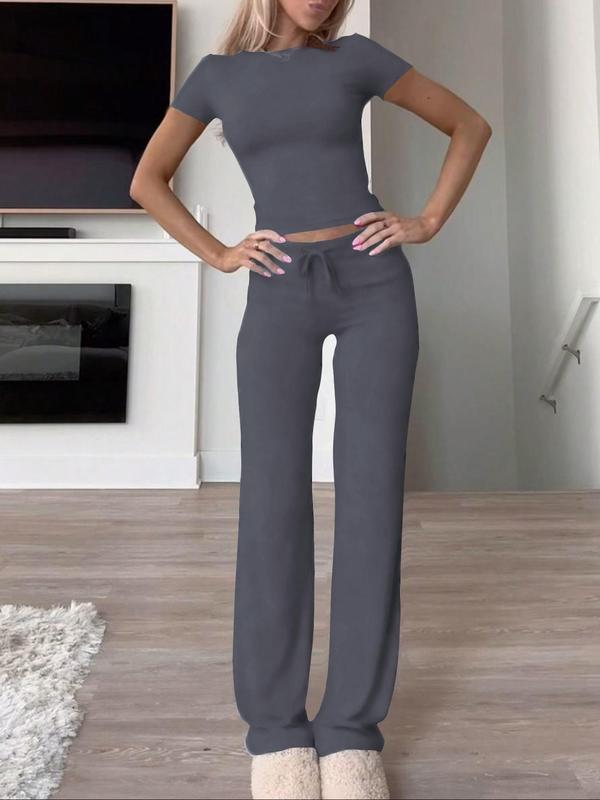 Women's Solid Short Sleeve Two-piece Set, Casual Tracksuit, Round Neck Crop Tee & Drawstring High Waist Trousers, Sixth Form Outfit, Co Ords for Women, Holiday Evening Outfits, Classy Going Out Tops & Pants Autumn Outfits 2024, Gym Sets, Fall Outfits 5
