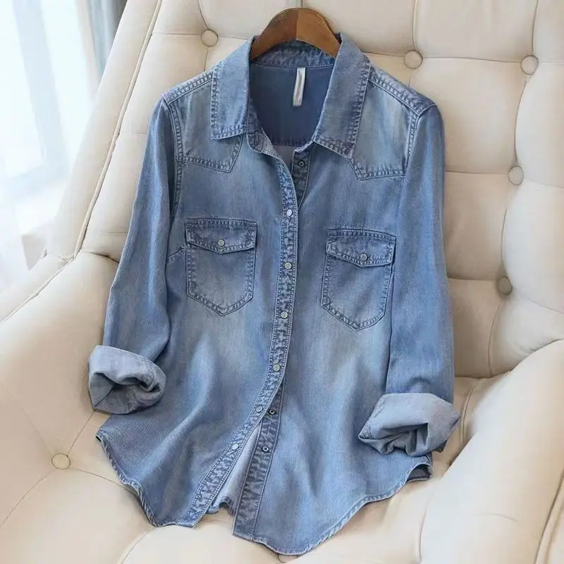 Áo Sơ Mi Denim, Phong Cách Cổ Điển Dành Cho Nữ, Nhẹ, Áo Sơ Mi Dài Tay, Thích Hợp Cho Mùa Xuân Và Mùa Thu, Hàng Mới Về, Dáng Rộng Rãi Và Bó Sát, Áo Sơ Mi Thường Ngày Women Top