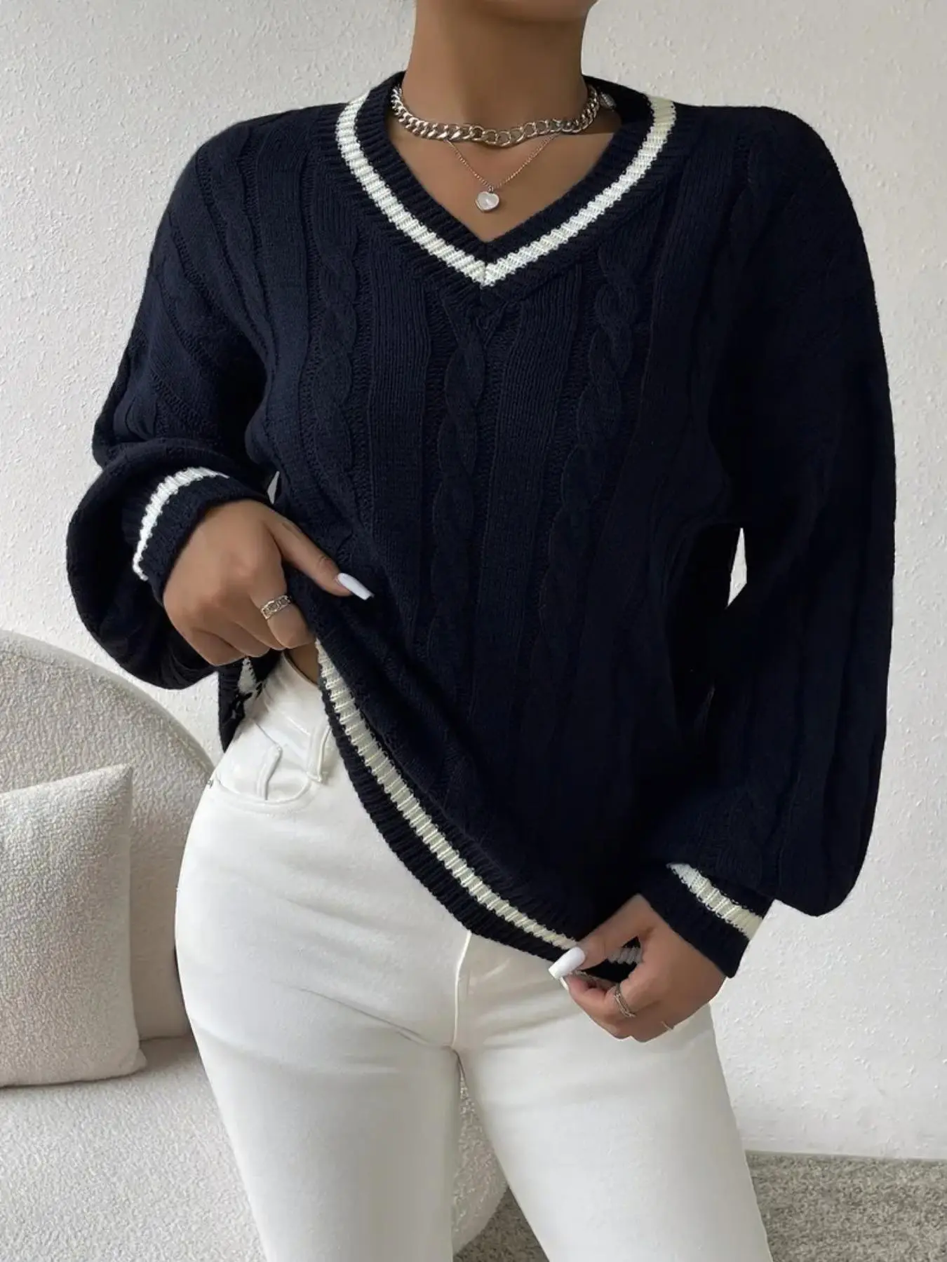 Women's Contrast Binding Drop Shoulder Cable Knit Sweater, Casual Long Sleeve V Neck Jumper for Spring & Fall, Fashion Women's Knitwear for Daily Wear, Y2k Outfits Streetwear， Posh Clothes Women