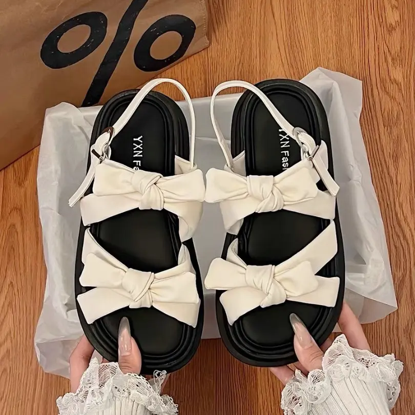 Giày Sandal nữ phối nơ mẫu mới phong cách Hàn Quốc quai da đế cao su 4cm siêu êm đi chơi đi học siêu HOT