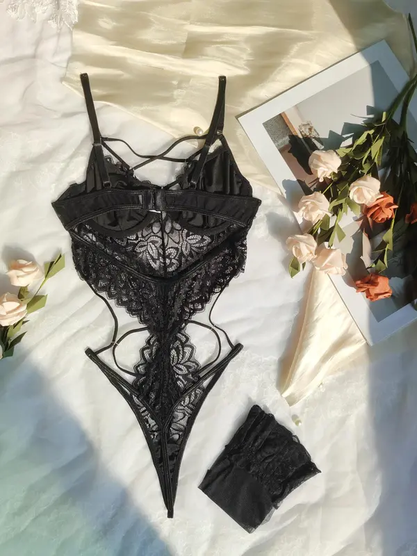 Women's Contrast Lace Sheer Lingerie Set, Sexy Lace Up Criss Cross Backless Cami Bodysuit & Thong One-piece & Stockings Set, Women's Lingerie & Underwear Set for All Seasons 1