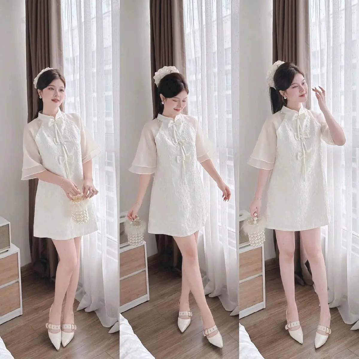 Váy nữ gấm hoa cổ tàu đính nơ phối tay tơ dáng suông ngắn (kèm quần) dễ thương Women