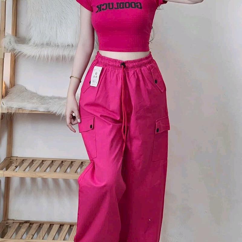 Quần kaki ống rộng túi hộp nữ lưng thun có dây rút Women Ong Pants Nhung suông 1