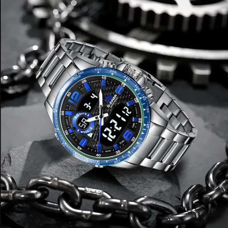 DISKON Jam tangan Pria 8306 Double Time Rantai Stainless Steel Water Resistant 3 ATM Kaca Watches 8