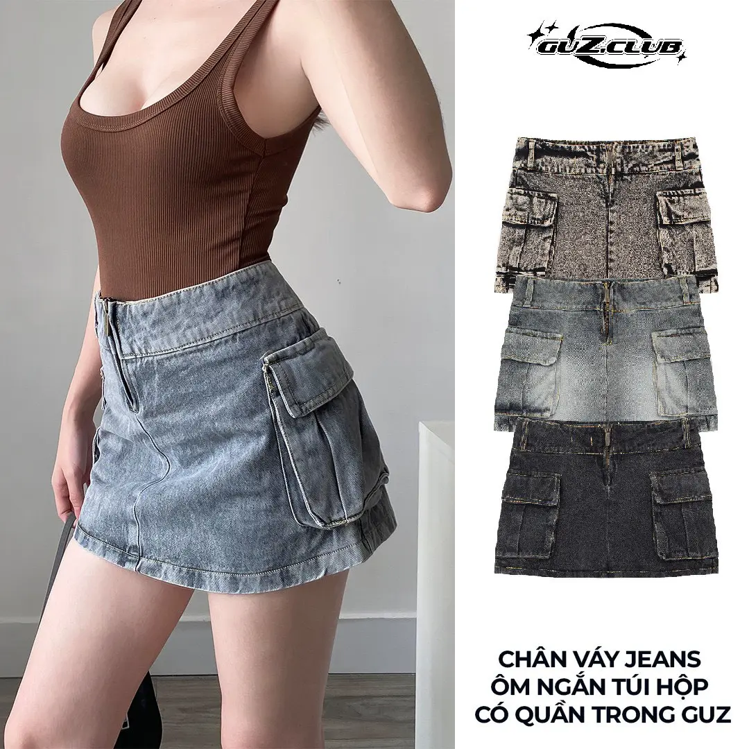 M6 - Chân Váy Jeans Ôm Ngắn Túi Hộp Có Quần Trong GuZ - Vr2 Nữ Women Kem