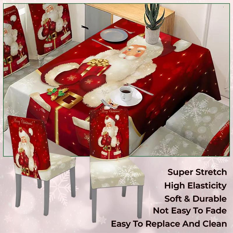 Product Introduction of Trimming Shop Christmas Chair Covers & Christmas Tablecloth Set Premium Polyester Table Cover Table Protector Stretch Removable Washable Short Dining Chair Slipcovers for Christmas Party Decoration 10