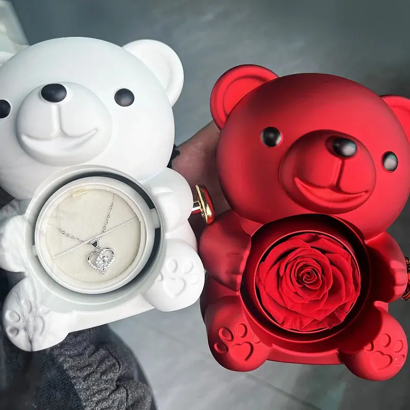 Kotak Hadiah Beruang Teddy Mawar Abadi, Kotak Barang Kemas Mawar Berputar dengan Kalung, Sesuai untuk Hari Valentine dan Perkahwinan, Kotak Hadiah Penyimpanan, Sesuai untuk Hadiah Teman Wanita Wanita, 1301